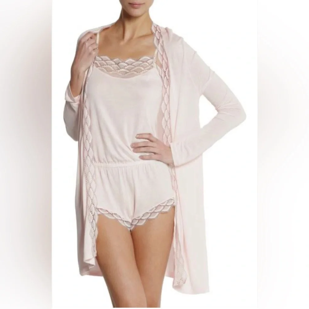 NWT EBERJEY Mabel Wrap Front Jersey Robe with Wide Lace Trim Pink Peach L Large - Picture 3 of 15